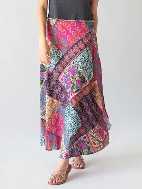Natural Life: Ginger Side-Slit Maxi Skirt - Boho Blooms Patchwork - XS